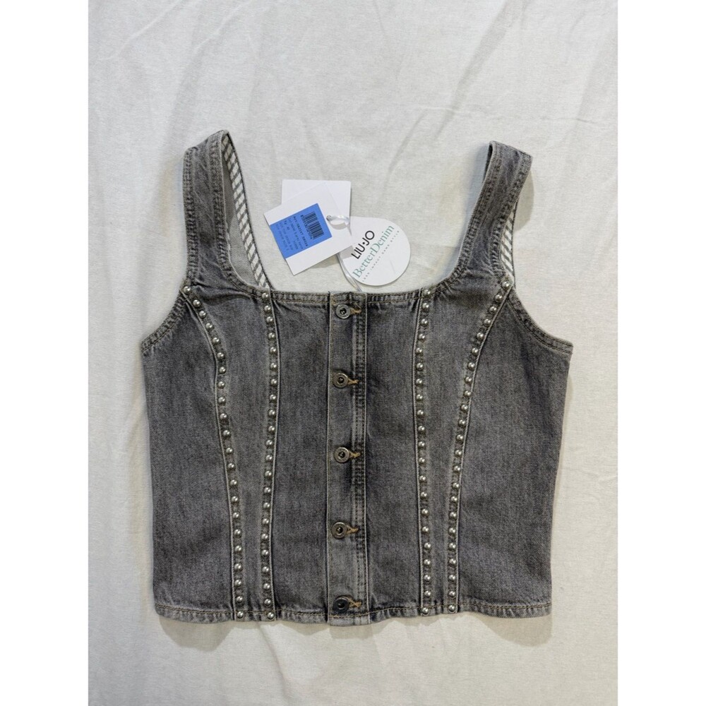 NWT Liu Jo Washed Black Denim Studded Crop Top SZ 2